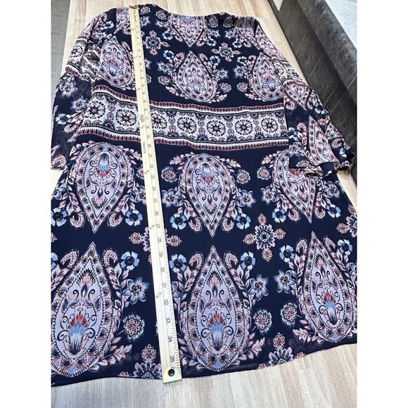 Vince Camuto Dress 10 Shift Tassels Bell Sleeves Navy Blue Pink Floral Boho - Picture 10 of 11